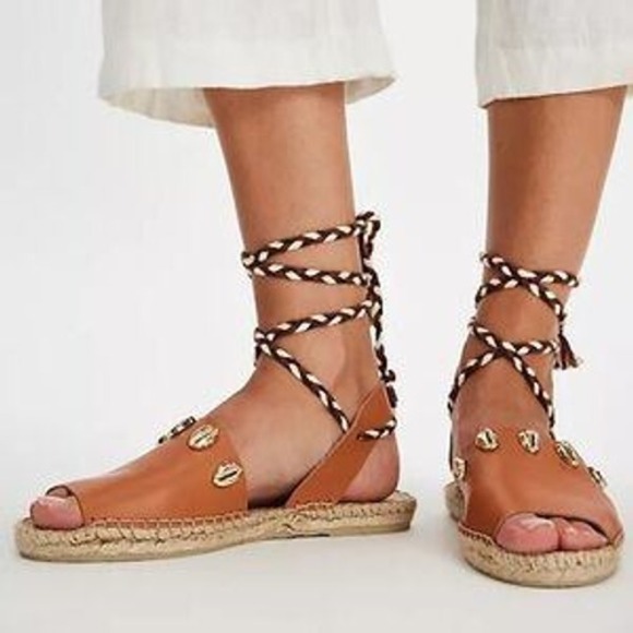 Free People Shoes - Free People Wander Shell Wrap Espadrilles $178 NEW Tan Leather Sandals - Size 7
